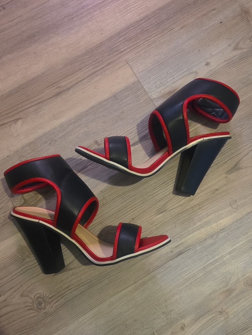 Women’s Black and Red Block Heel Ankle Strap Sandals